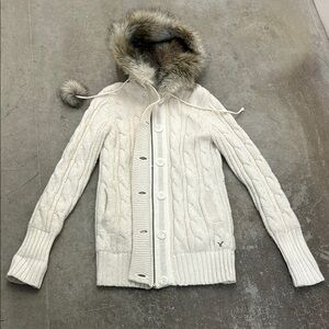 Vintage y2k Cream Cable Knit fishermen Hooded wool blend Cardigan with Fur Trim